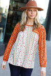 Rust & Taupe Vertical Floral Color Block Bubble Sleeve Top *online exclusive-[option4]-[option5]-Cute-Trendy-Shop-Womens-Boutique-Clothing-Store