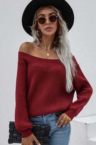 Save My Seat Ribbed Knit Off Shoulder Sweater in Solid Red