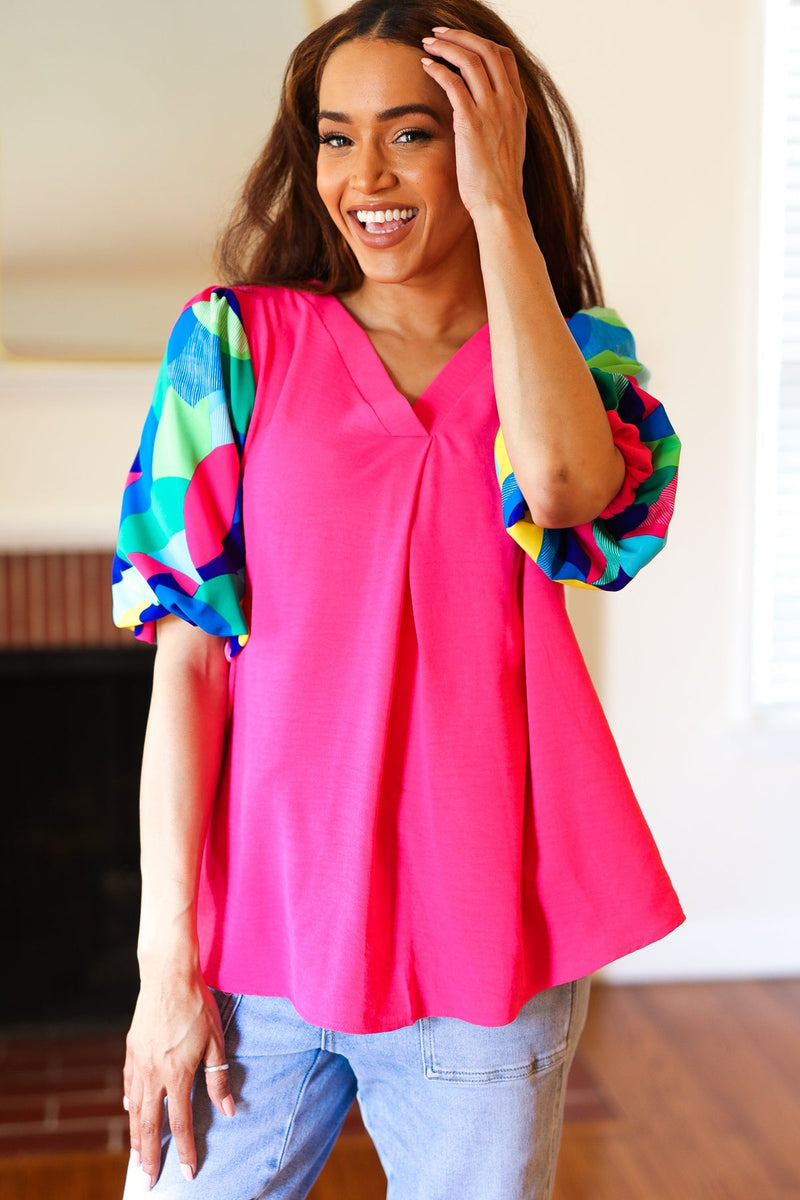 Tell Your Story Fuchsia Geo Print Puff Sleeve V Neck Top *online exclusive-[option4]-[option5]-Cute-Trendy-Shop-Womens-Boutique-Clothing-Store