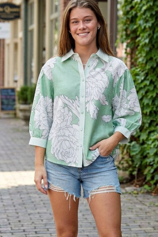 Willow & Vine Pattern Mix Blouse-Sage-Small-Cute-Trendy-Shop-Womens-Boutique-Clothing-Store