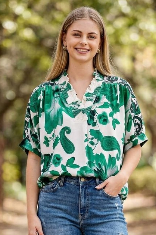 Emerald Meadow Paisley Dolman Top