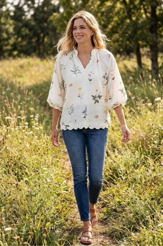 The Meadow Scalloped V-Neck Blouse-Cute-Trendy-Shop-Womens-Boutique-Clothing-Store