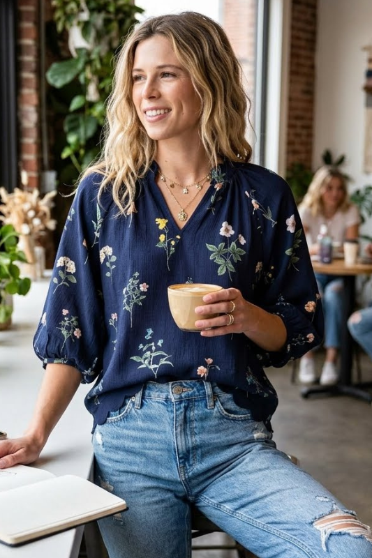 The Meadow Scalloped V-Neck Blouse-Navy-SMALL-Cute-Trendy-Shop-Womens-Boutique-Clothing-Store