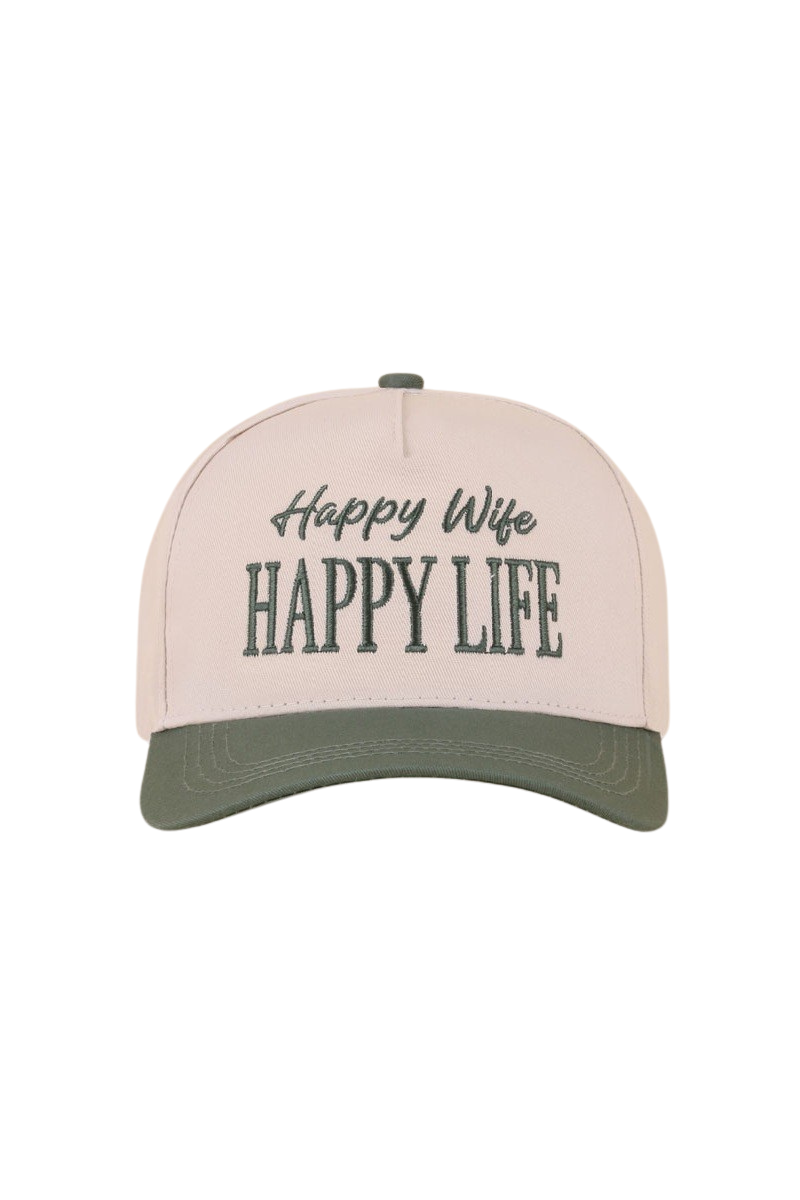 "Happy Wife, Happy Life" Two-Tone Cap-Forest Green-Cute-Trendy-Shop-Womens-Boutique-Clothing-Store