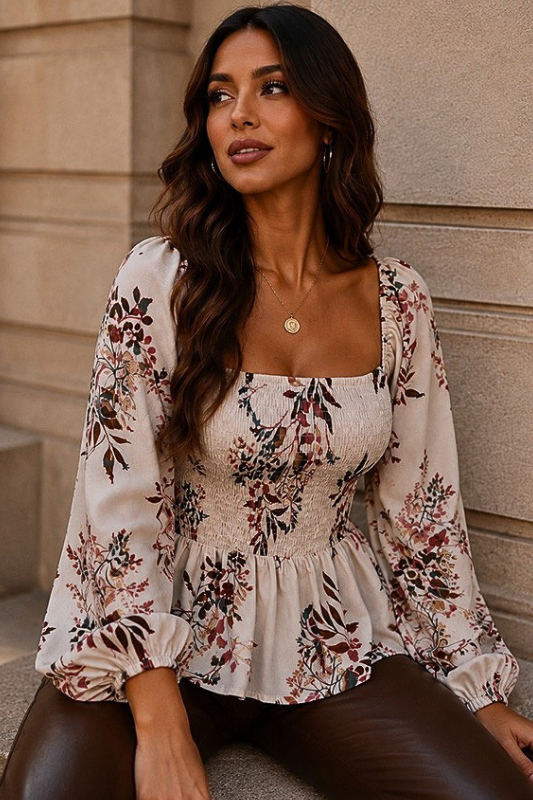 Autumn Garden Smocked Bodice Peplum Blouse-Beige-SMALL-Cute-Trendy-Shop-Womens-Boutique-Clothing-Store