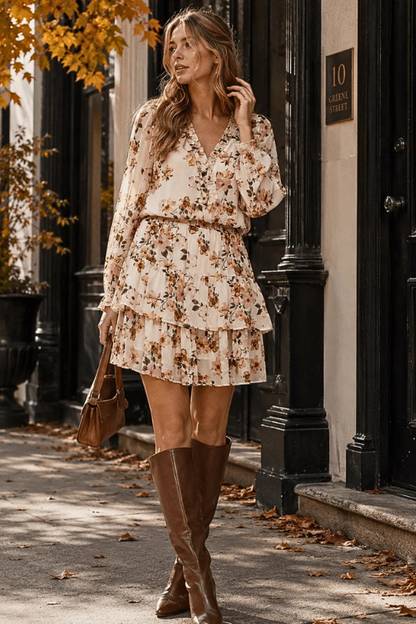 Autumn Blossom Smocked Floral Mini Dress-SMALL-Cute-Trendy-Shop-Womens-Boutique-Clothing-Store