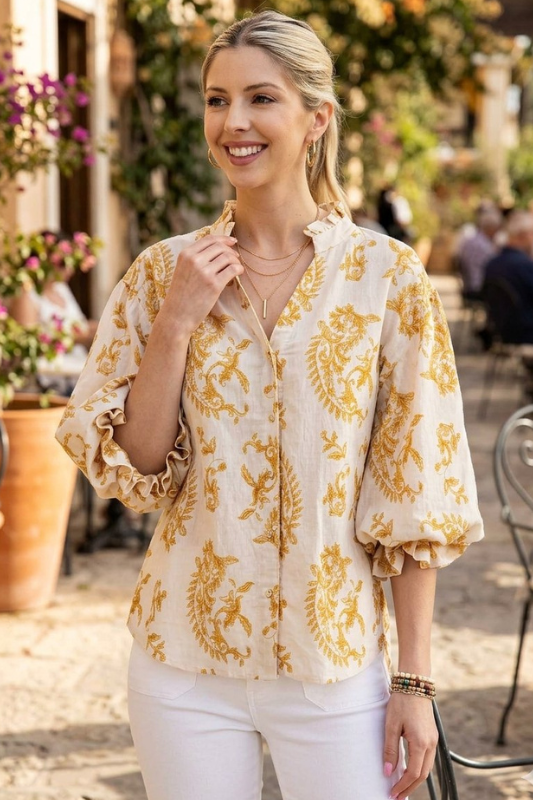 The Vintage Toile 3/4 Sleeve Blouse-Mustard-SMALL-Cute-Trendy-Shop-Womens-Boutique-Clothing-Store
