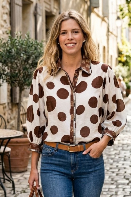 Fifth Avenue Sheer Polka Dot Contrast Shirt-Cute-Trendy-Shop-Womens-Boutique-Clothing-Store