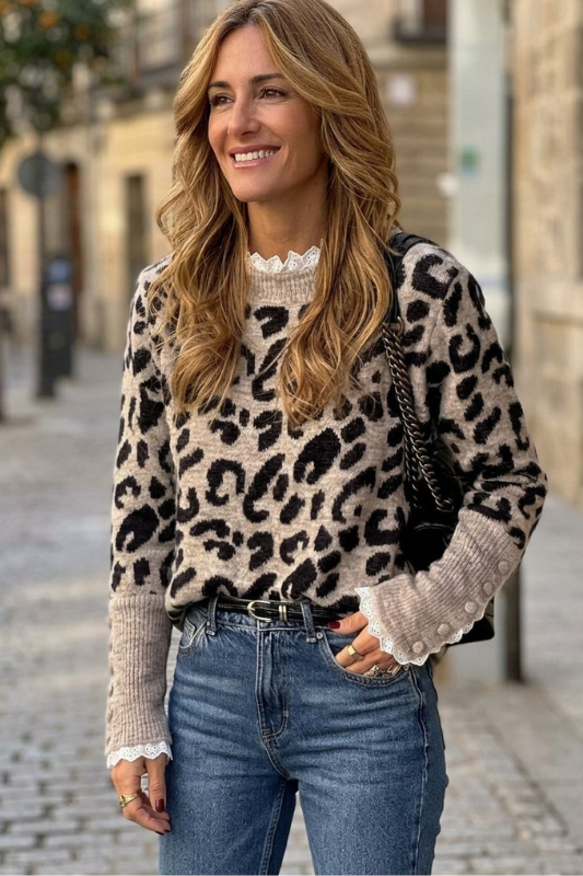 Safari Lace Accent Leopard Knit Sweater-SMALL-Cute-Trendy-Shop-Womens-Boutique-Clothing-Store