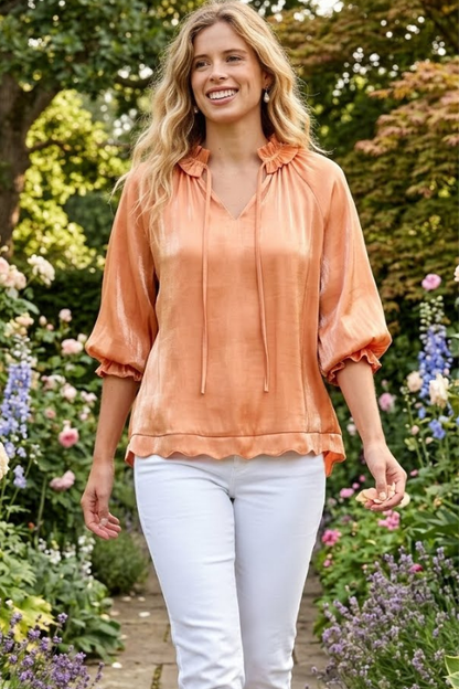 Shimmer & Scallop Tie-Neck Blouse-Rust-SMALL-Cute-Trendy-Shop-Womens-Boutique-Clothing-Store