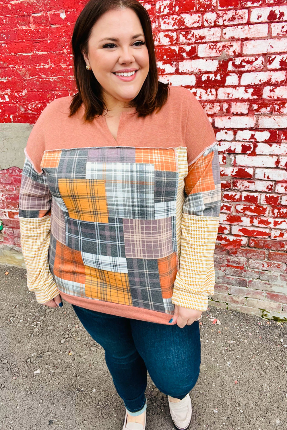 What I Like Rust/Charcoal Two Tone Knit Plaid V Neck Top *online exclusive-[option4]-[option5]-Cute-Trendy-Shop-Womens-Boutique-Clothing-Store