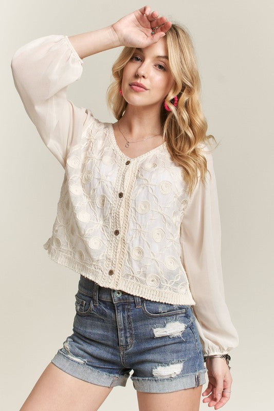 Dreamy Embroidered Sheer Sleeve Blouse-Beige-SMALL/MEDIUM-[option4]-[option5]-Cute-Trendy-Shop-Womens-Boutique-Clothing-Store