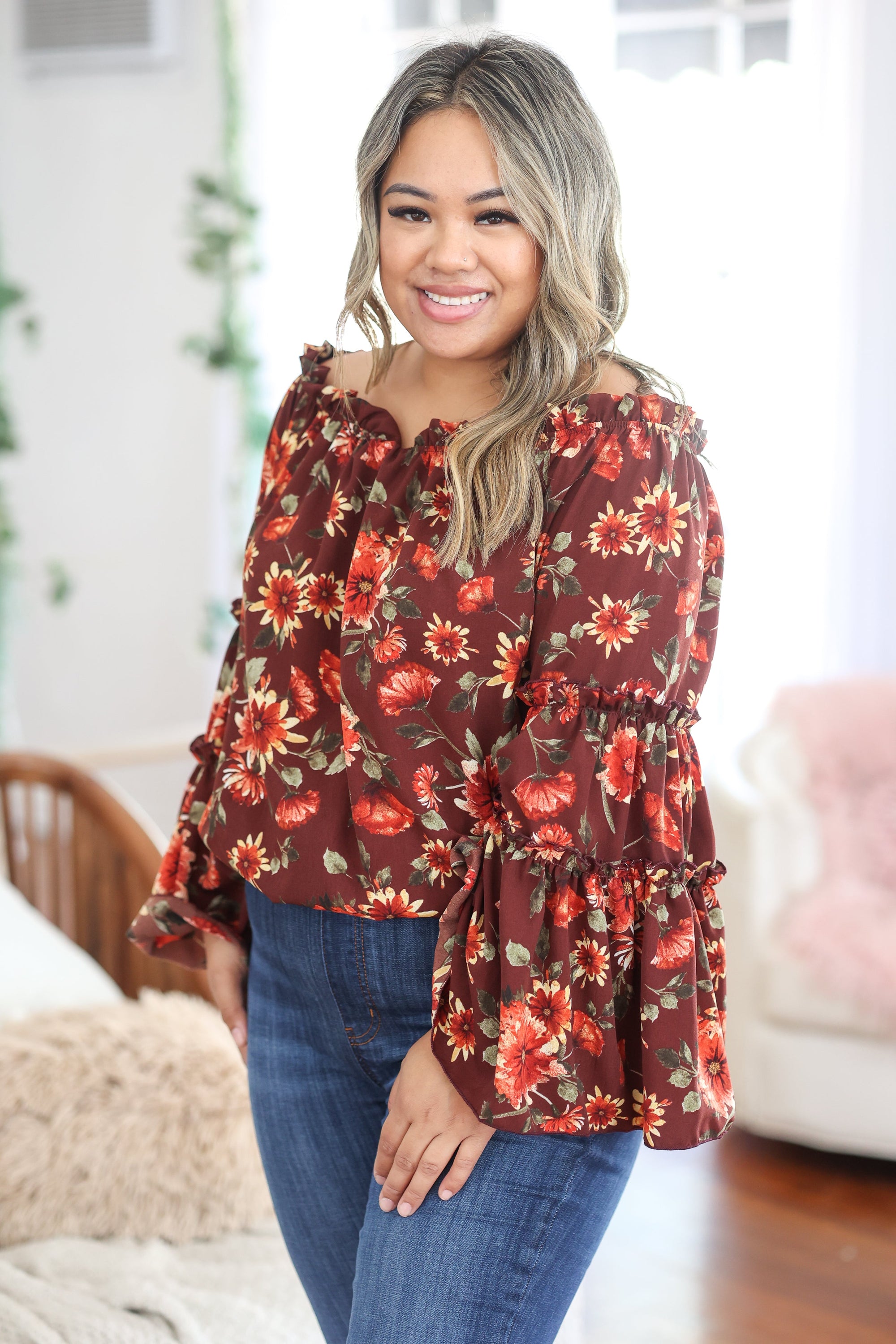 Rustic Floral Bell Sleeve Top *online exclusive-[option4]-[option5]-Cute-Trendy-Shop-Womens-Boutique-Clothing-Store