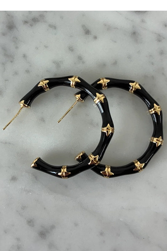 Bamboo Enamel Half Hoop Earrings-Black-Cute-Trendy-Shop-Womens-Boutique-Clothing-Store