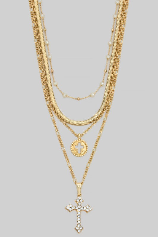 Rhinestone Cross Layered Gold Necklace-[option4]-[option5]-Cute-Trendy-Shop-Womens-Boutique-Clothing-Store