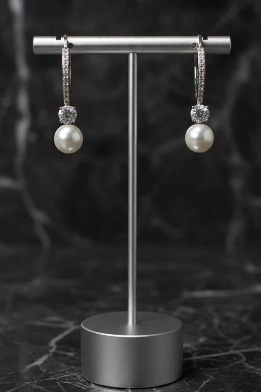 Elegant Silver Pearl CZ Drop Earrings-Cute-Trendy-Shop-Womens-Boutique-Clothing-Store
