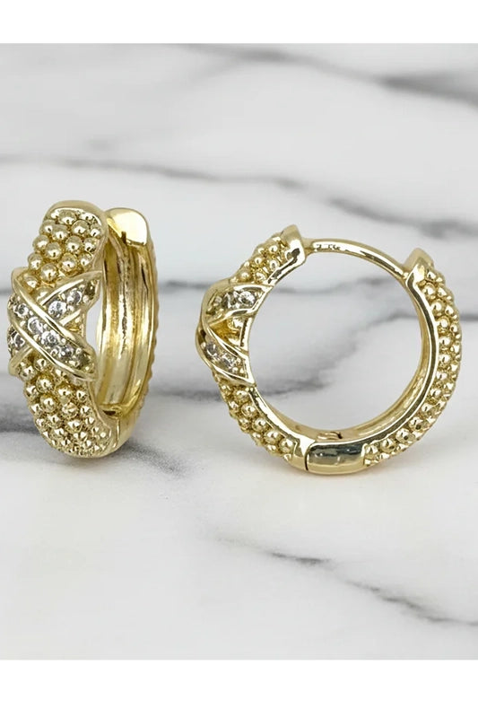 Gold Cross-Band Pavé Huggie Hoop Earrings-Cute-Trendy-Shop-Womens-Boutique-Clothing-Store