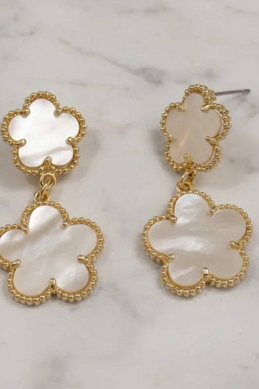 Double Clover Mother-of-Pearl Drop Earrings-White-Cute-Trendy-Shop-Womens-Boutique-Clothing-Store