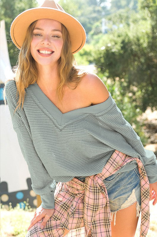 Take A Ride Sage V Neck Waffle Top-[option4]-[option5]-Cute-Trendy-Shop-Womens-Boutique-Clothing-Store